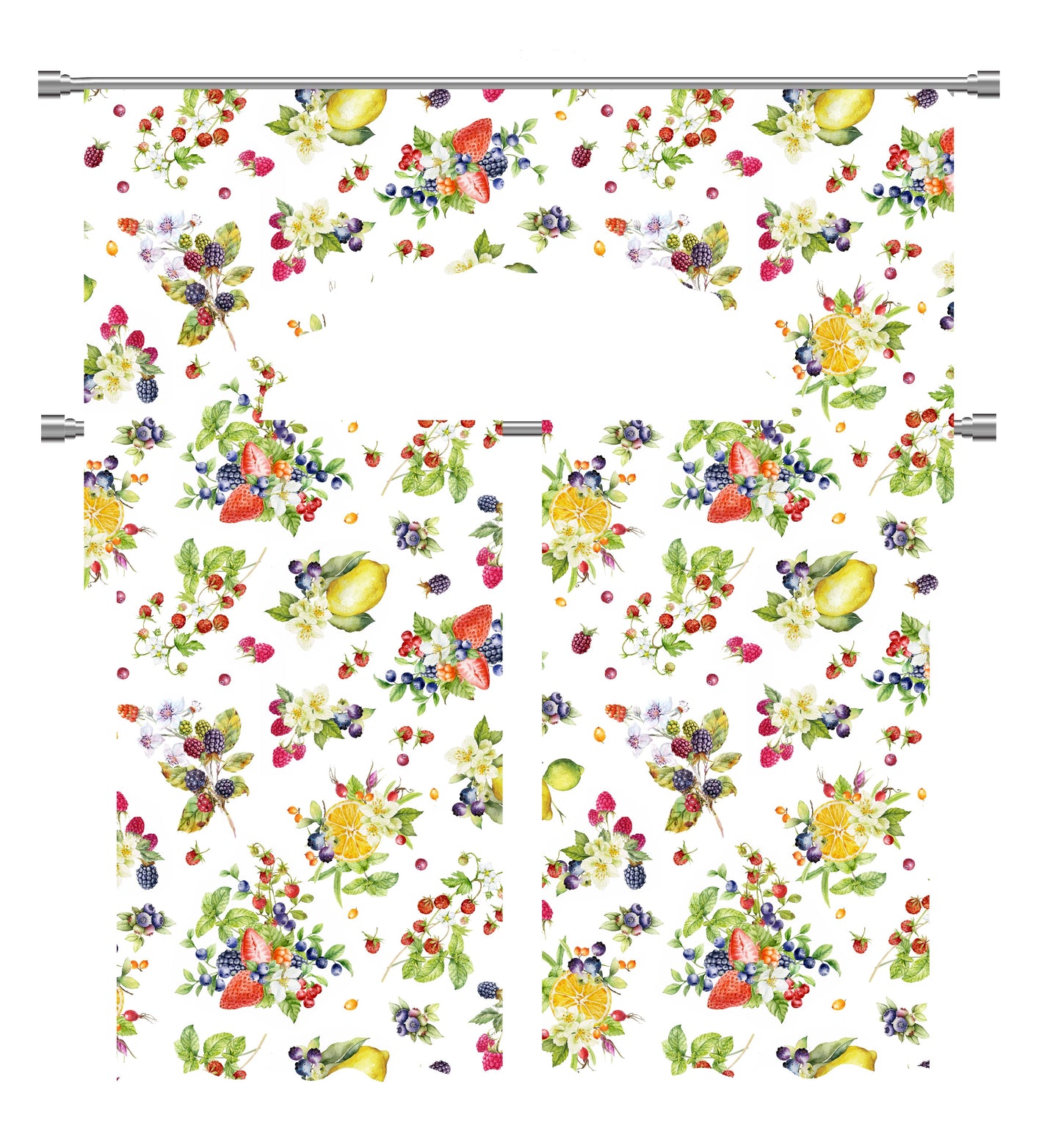 European Floral Botanical Berries Fruits Strawberry Pattern Decorative Window Treatment Rod Pocket Kitchen Window Curtain Panel Tiers and Swag Valance