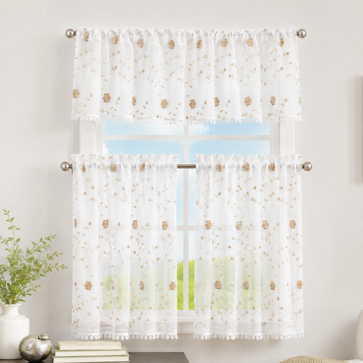 Violet Linen Royal Floral Vines Blossom Pattern Decorative Window Treatment Rod Pocket Kitchen Window Curtain Panel Tiers and Swag Valance