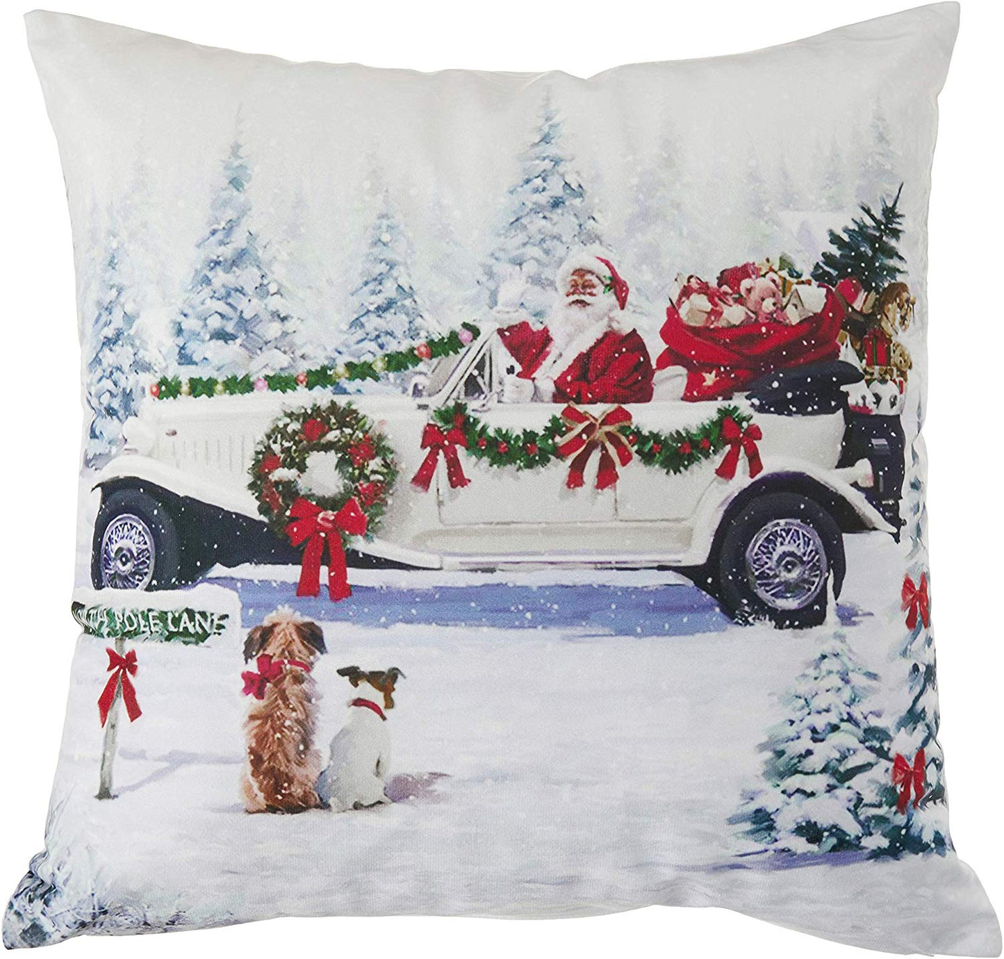Violet Linen Seasonal Christmas Santa Claus Actions Pattern, Polyester, Super soft feel faux suede fabric, digital print, Santa's Car Design, 18 Inch by 18 Inch, Decorative Throw Pillow