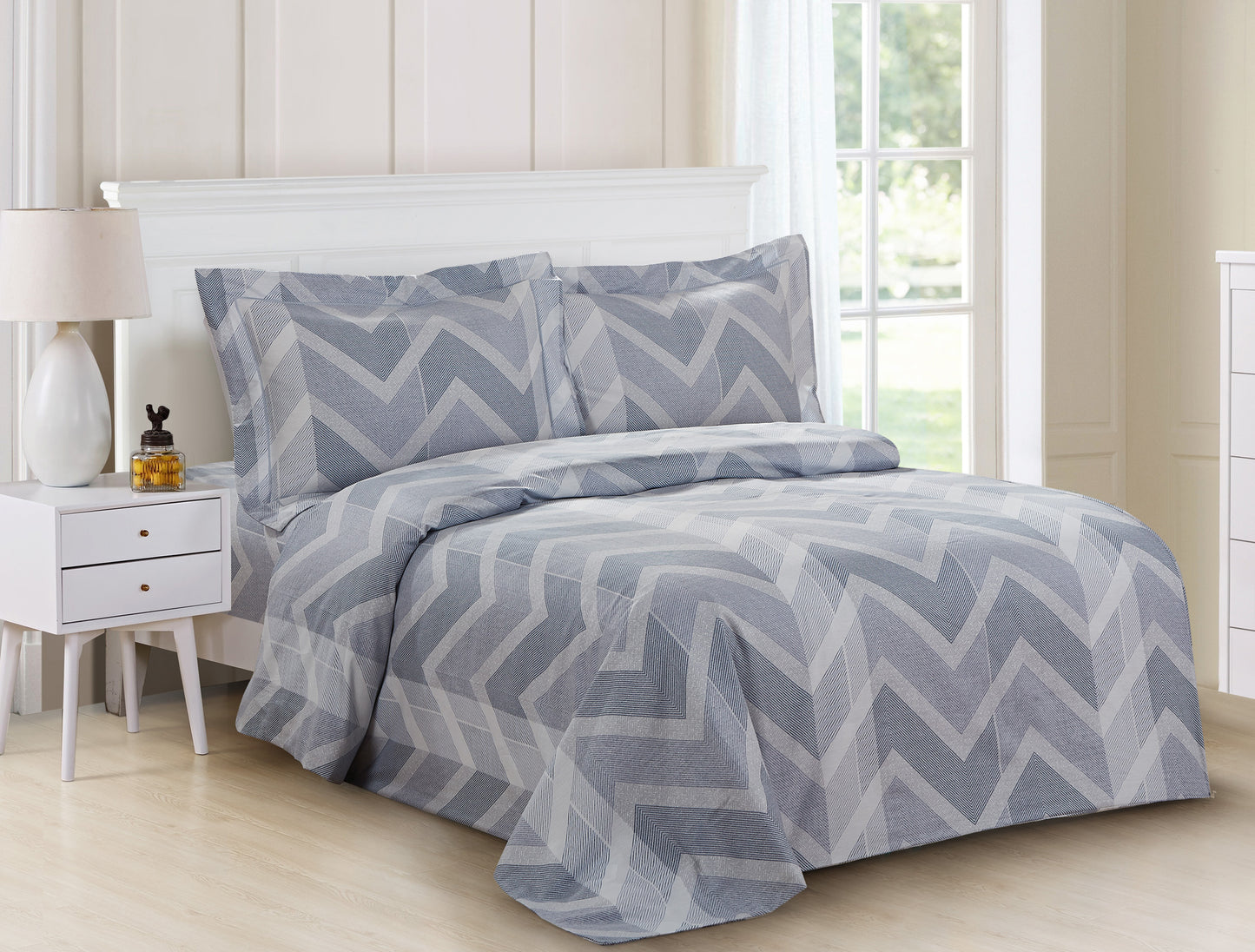 Violet Linen French Chevron Waves Pattern, Luxury Ultra Soft 200 Thread Count Cotton Percale, Blue, Twin 39-inch, 6 Piece Duvet Set, Bedding Duvet Cover Set for Two Beds