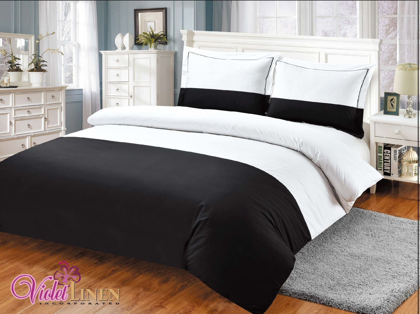 Violet Linen French Sateen Hotel Pattern, Luxury Ultra Soft 300 Thread Count - Cotton Sateen, Black, Twin 39-inch, 8 Piece Duvet Set, Bedding Duvet Cover Set for Two Beds