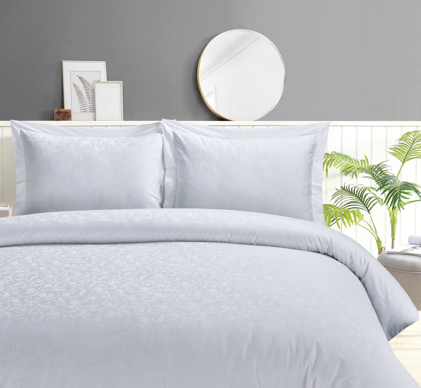 Violet Linen French Royal Damask Pattern, Luxury Ultra Soft 300 Thread Count - Cotton Jacquard Sateen, White, Twin 39-inch, 8 Piece Duvet Set, Bedding Duvet Cover Set for Two Beds