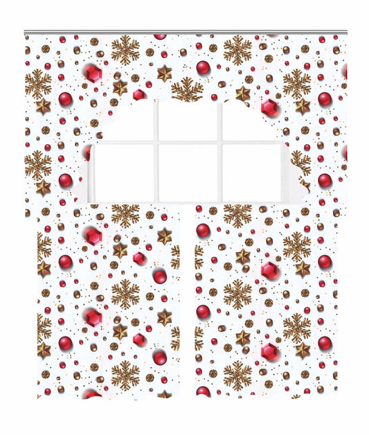 European Christmas Accents Stars, Snowflakes and Jewel Pattern Decorative Window Treatment Rod Pocket Kitchen Window Curtain Panel Tiers and Swag Valance