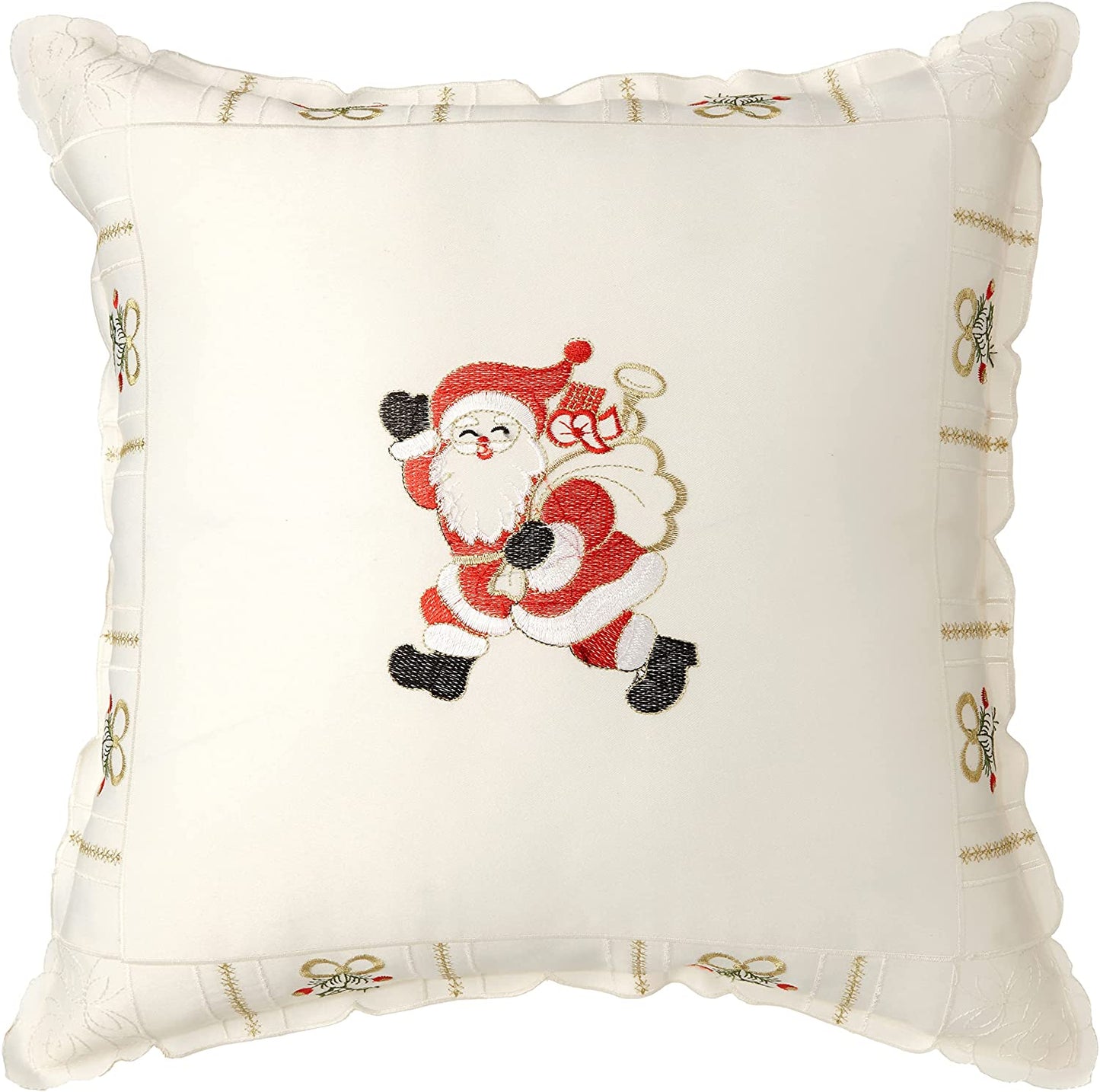Holiday Christmas Santa Claus Holly Bows Embroidery Pattern Decorative Throw Pillow Cover