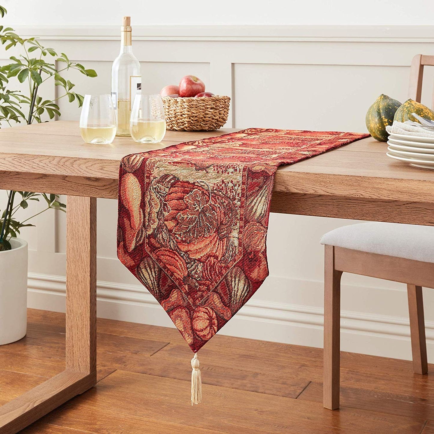 Fall Harvest Thanksgiving Autumn Leaves Sunflowers Fruits Pumpkins Tapestry Pattern Decorative Table Runner
