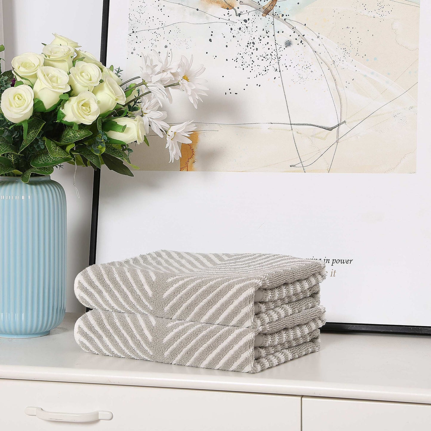 Silver Chevron Waves Pattern Hand Towels Set of Two