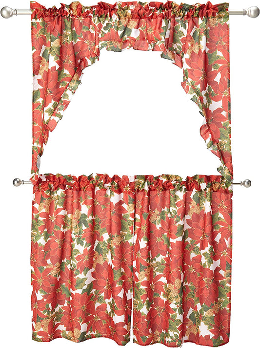 Decorative Christmas Printed Poinsettia Floral Decorative Window Treatment Rod Pocket Kitchen Window Curtain Panel Tiers and Swag Valance