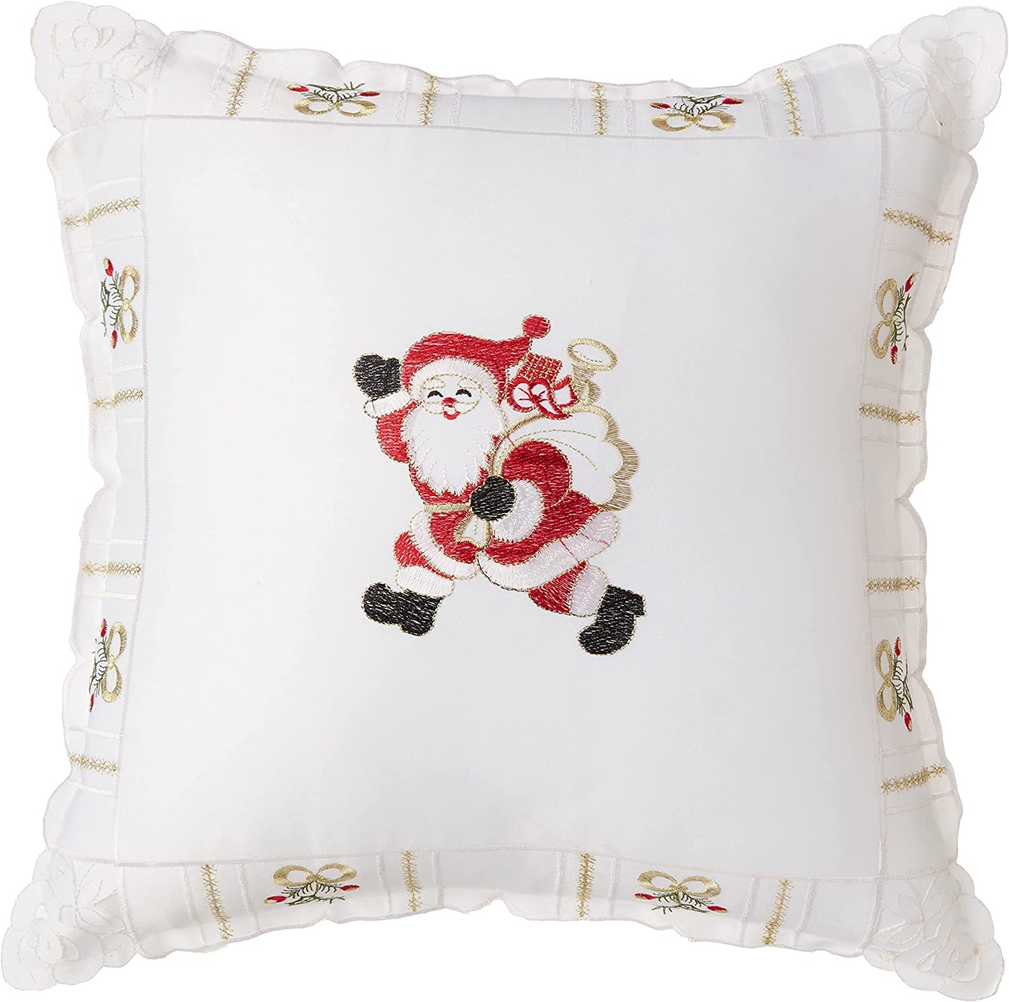 Santa Claus Holly Bows Embroidery Pattern Decorative Accent Throw Pillow