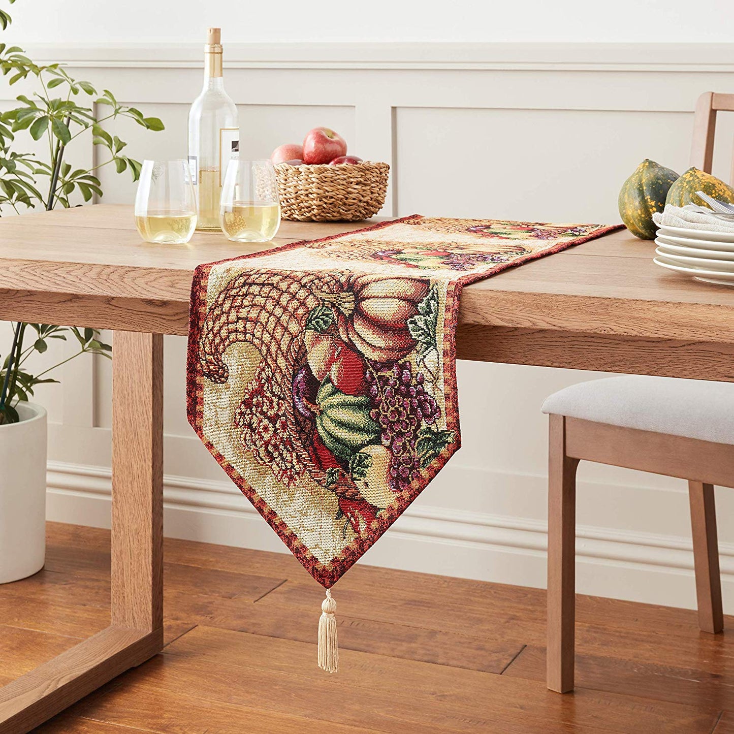 Fall Harvest Thanksgiving Autumn Leaves Sunflowers Fruits Pumpkins Tapestry Pattern Decorative Table Runner