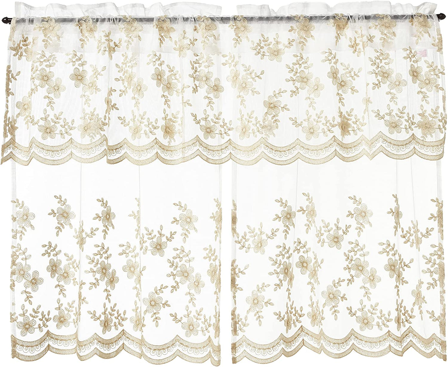Ornate Vintage Boutique Lace Pattern Decorative Window Treatment Rod Pocket Kitchen Window Curtain Panel Tiers and Swag Valance