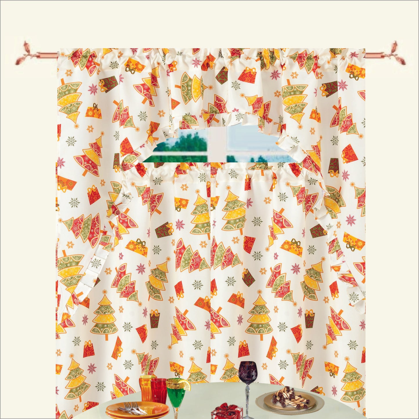 Violet Linen Decorative Christmas Printed Poinsettia Floral Decorative Window Treatment Rod Pocket Kitchen Window Curtain Panel Tiers and Swag Valance