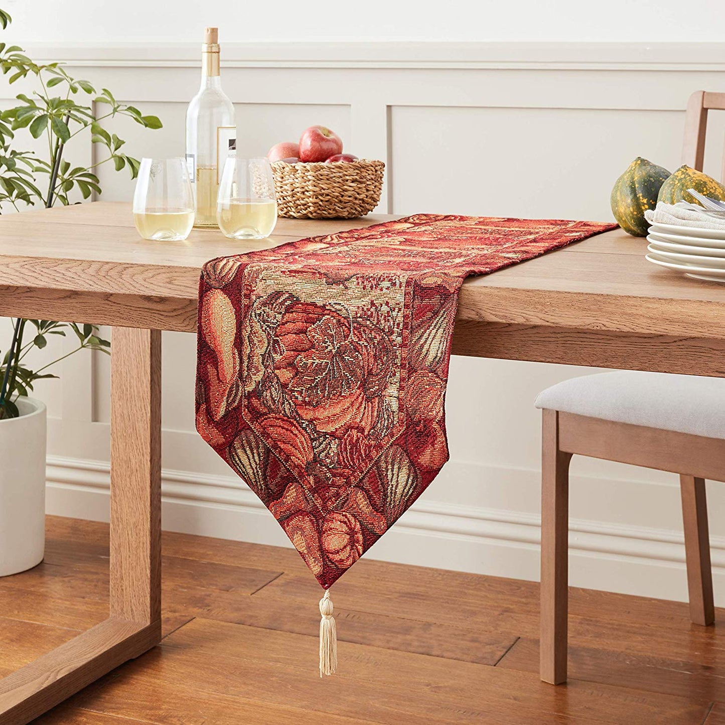 Fall Harvest Thanksgiving Autumn Leaves Sunflowers Fruits Pumpkins Tapestry Pattern Decorative Table Runner