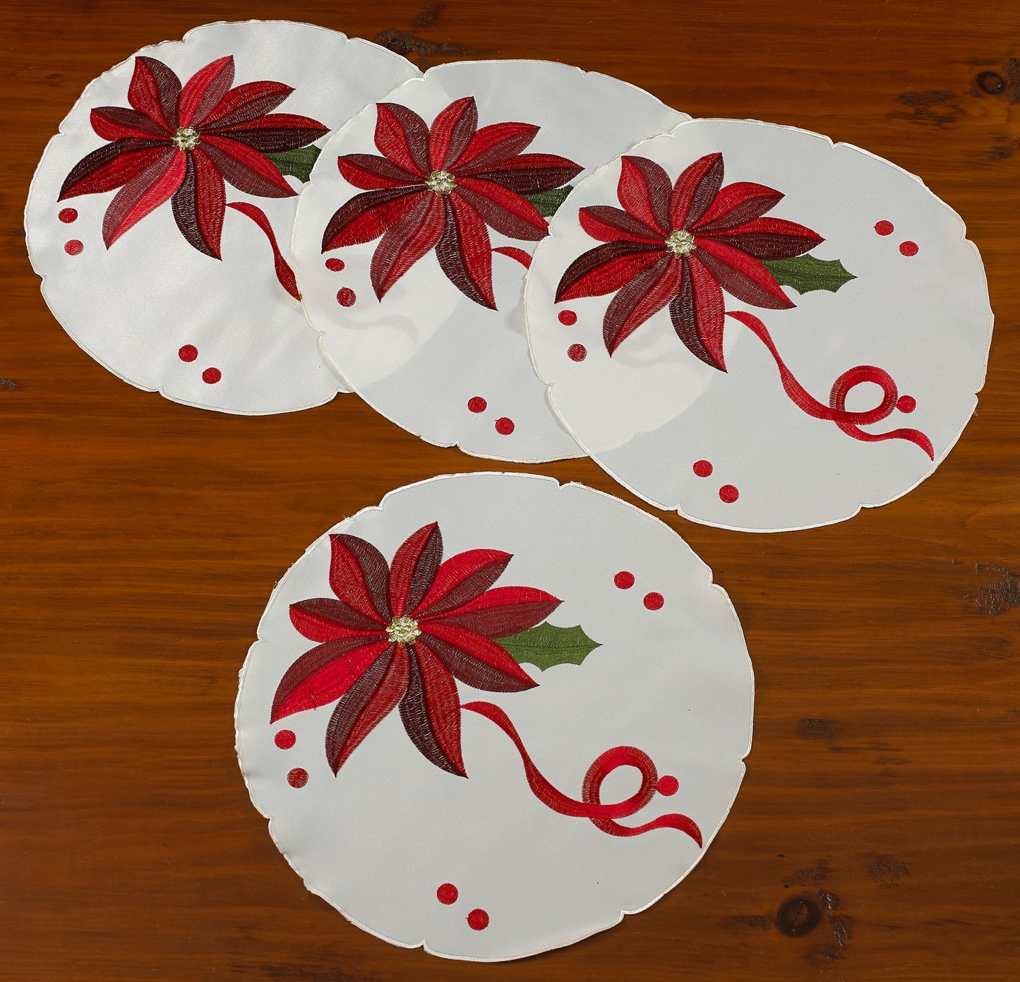 Seasonal Bloomy Christmas Embroidered Poinsettias Decorative Place Mats