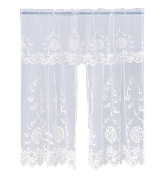 Royalty Decorative Embroidered Sheer Lace Floral Design Decorative Window Treatment Rod Pocket Kitchen Window Curtain Panel Tiers and Swag Valance