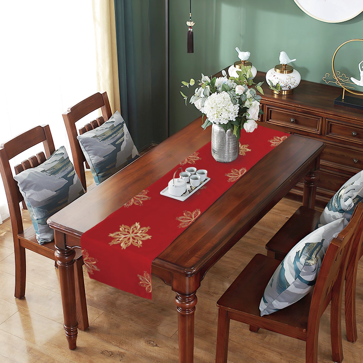 Seasonal Xmas Christmas Holiday Ornaments Solid Vibrant Red Pattern Decorative Table Runner