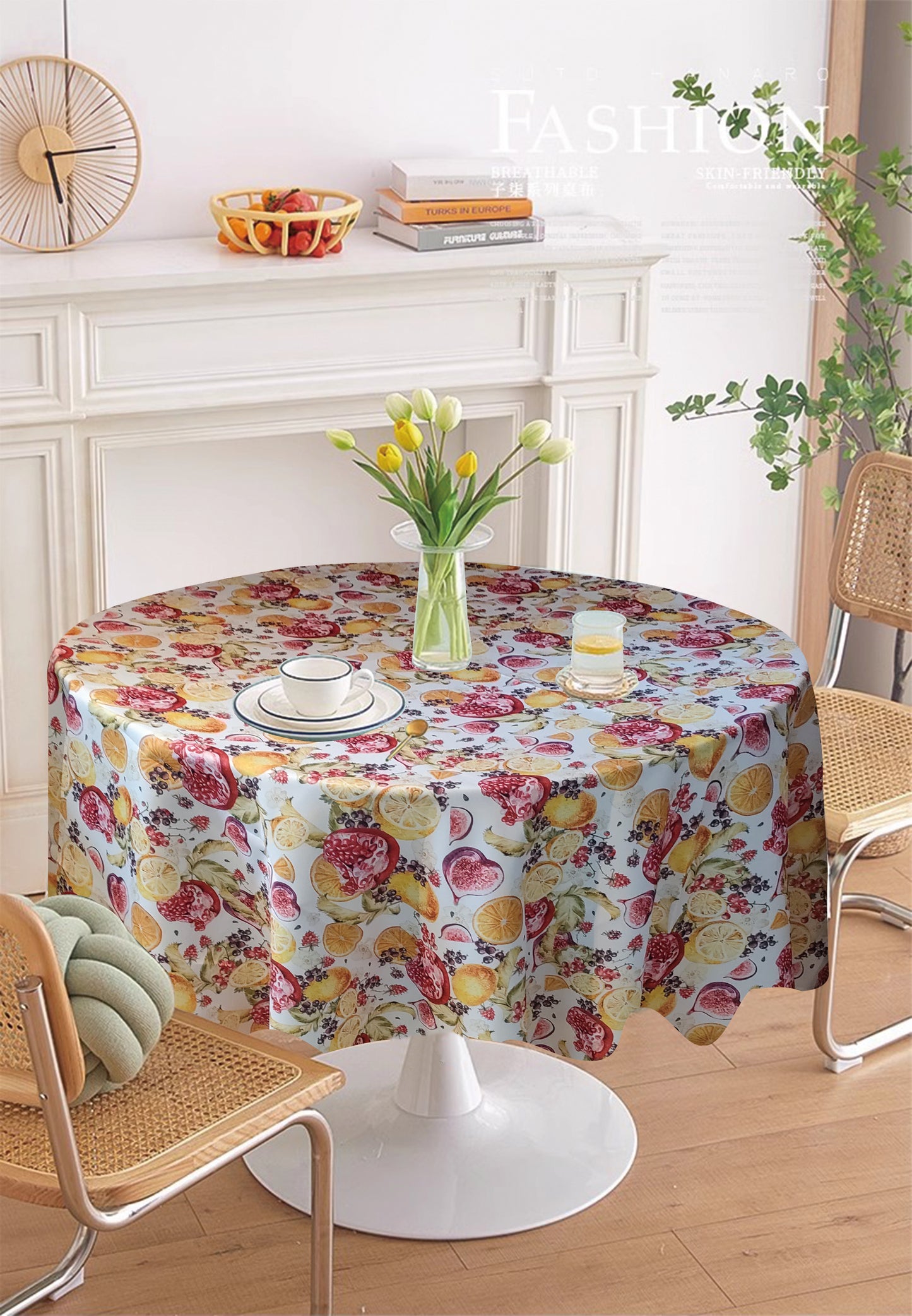Violet Linen European Lemon Citrus Fruits Berries Pattern, Polyester Woven Printed Fabric  Tablecloths