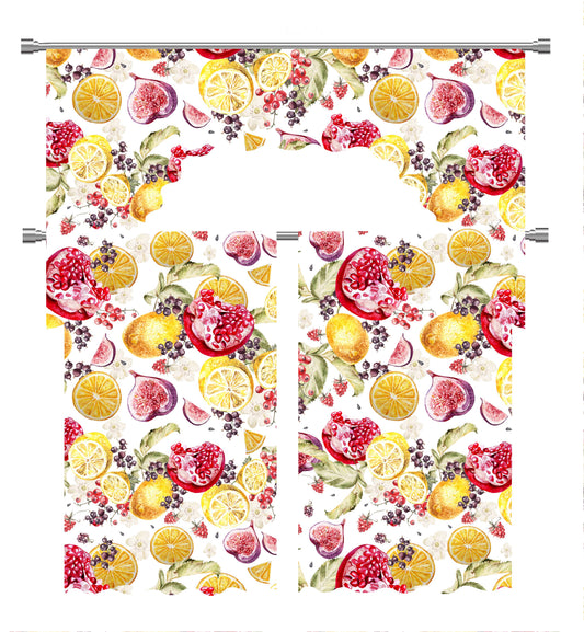 European Lemon Citrus Fruits Berries Pattern Decorative Window Treatment Rod Pocket Kitchen Window Curtain Panel Tiers and Swag Valance
