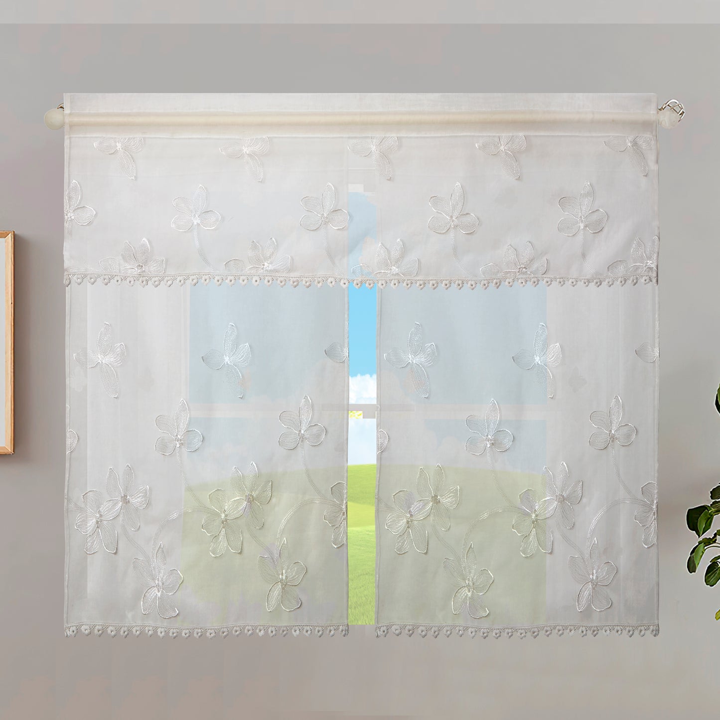 Royalty Floral Pattern Decorative Window Treatment Rod Pocket Kitchen Window Curtain Panel Tiers and Swag Valance
