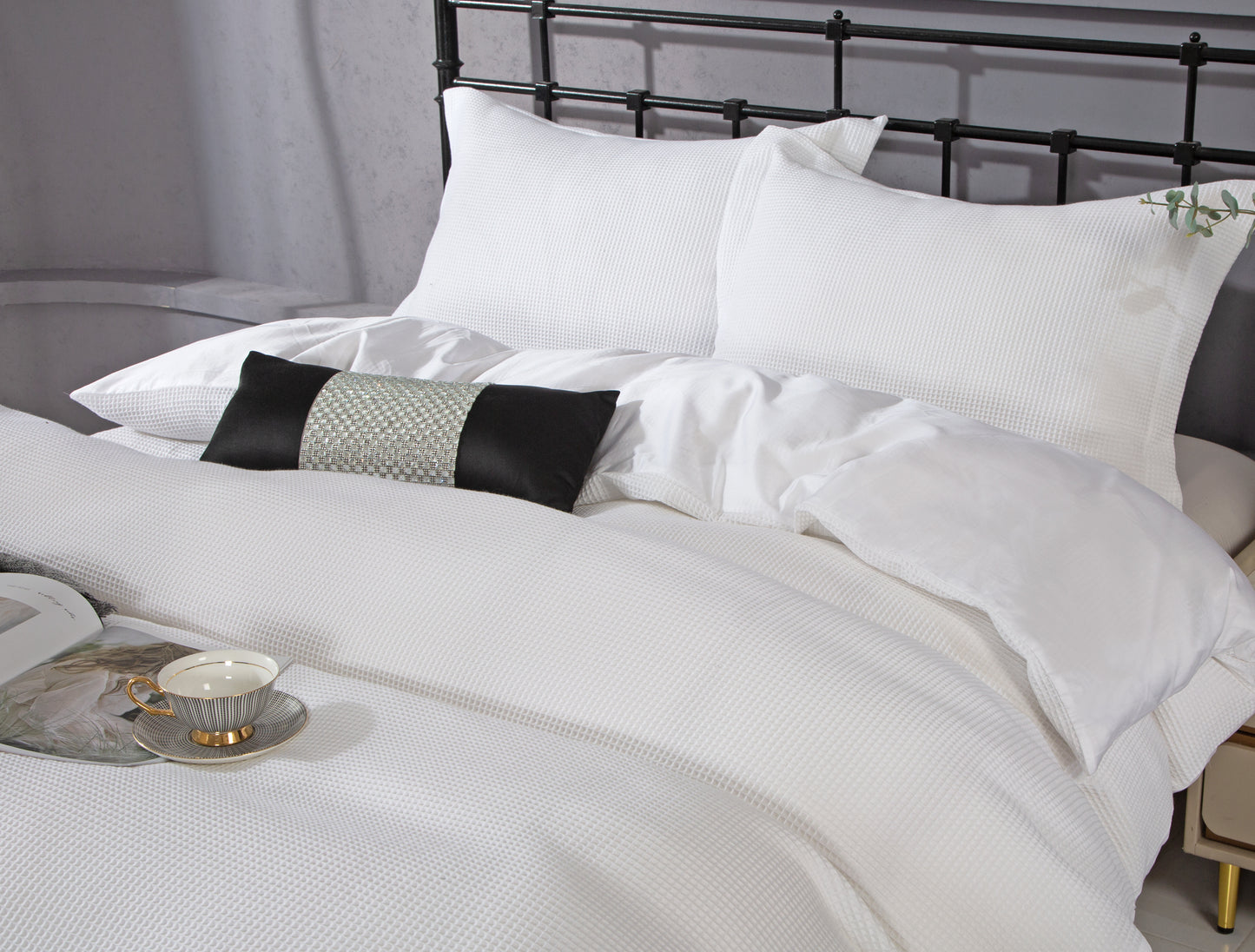 Violet Linen French Solid Waffle Pattern Bedding Duvet Cover Set