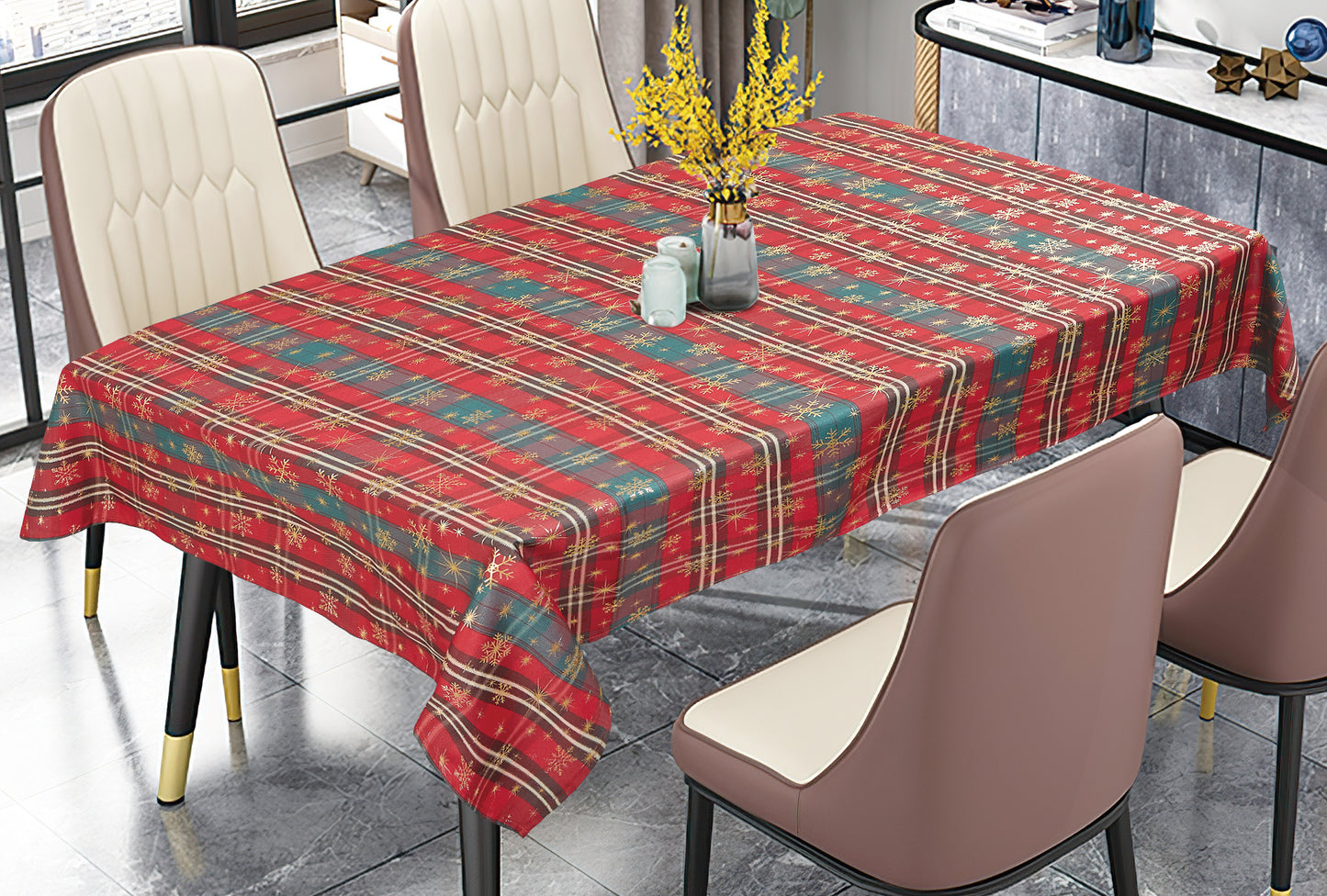Seasonal Xmas Christmas Holiday Snowflakes Flairy Pinstripes Plaid Pattern Tablecloths