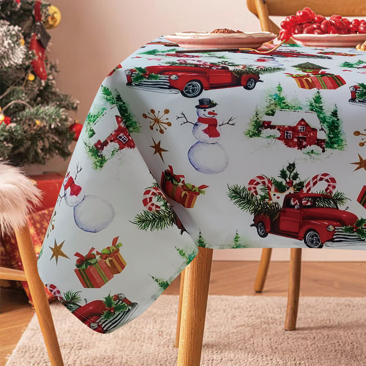 Seasonal Xmas Christmas Holiday European Attraction Frosty Delights Snowman Trucks Pattern Tablecloths