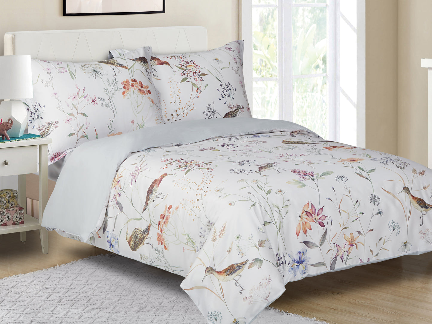 Violet Linen French Pink Violets Botanical Garden Birds Pattern Bedding Duvet Cover Set