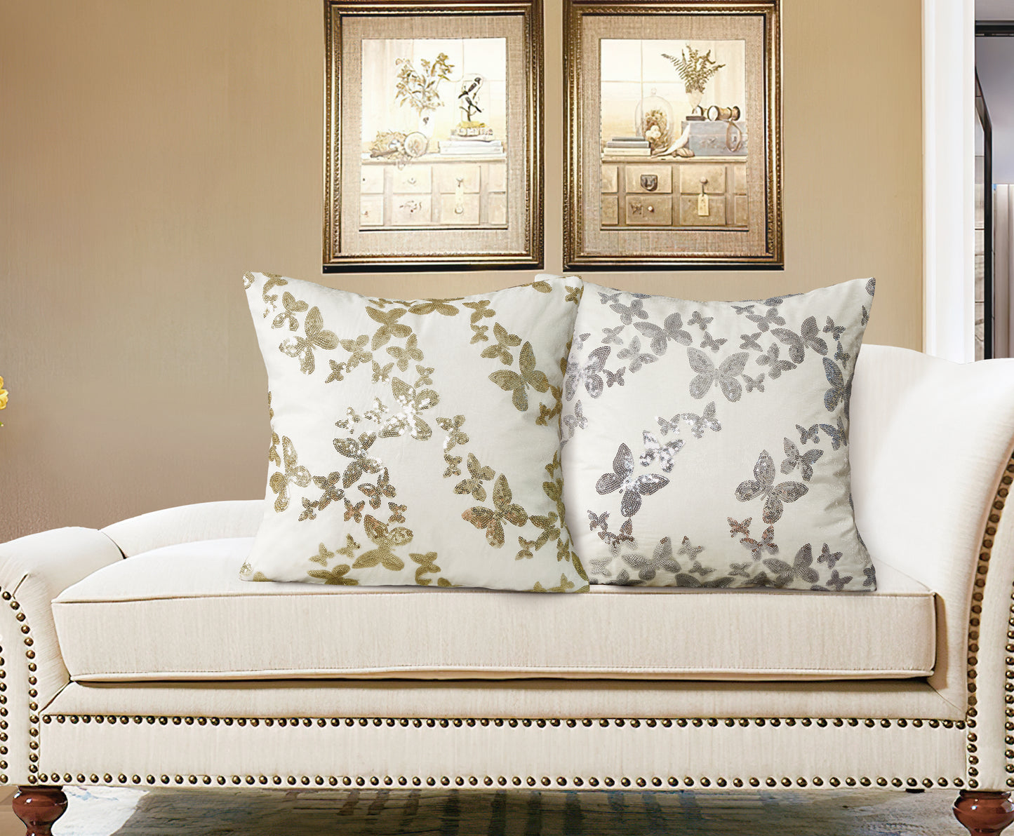 Violet Linen Butterfly Pattern Decorative Accent Throw Pillow