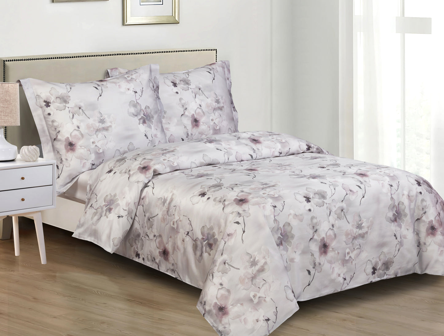Violet Linen French Orchid Floral Pattern Bedding Duvet Cover Set