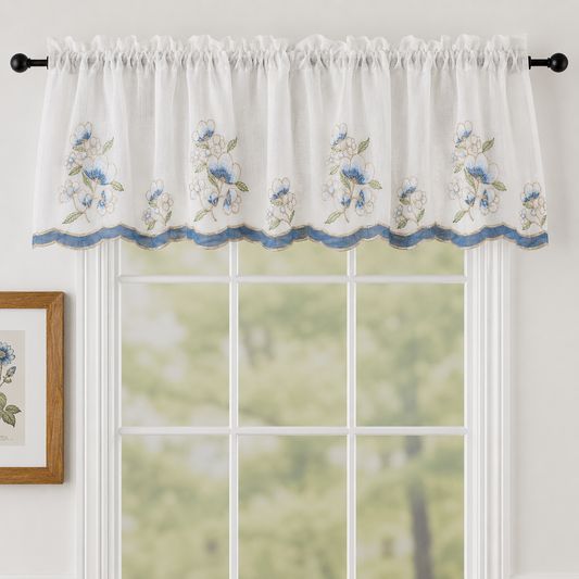 Violet Linen Orchid Blue Floral Pttern Decorative Window Treatment Rod Pocket Curtain Straight Valance