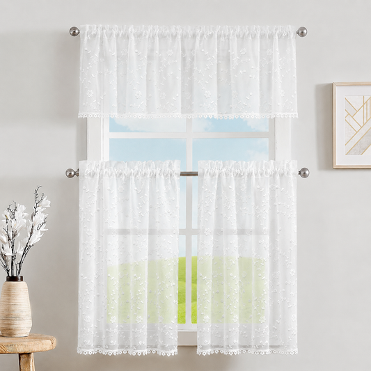 Violet Linen Royal Floral Vines Blossom Pattern Decorative Window Treatment Rod Pocket Kitchen Window Curtain Panel Tiers and Swag Valance