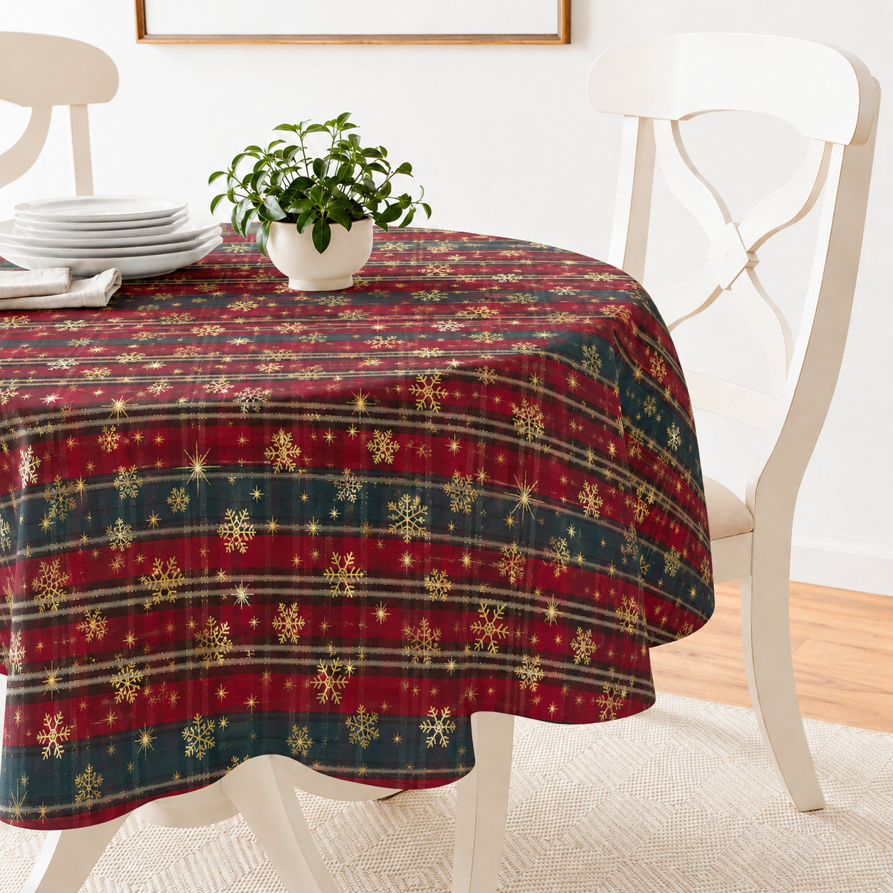 Seasonal Xmas Christmas Holiday Snowflakes Flairy Pinstripes Plaid Pattern Tablecloths