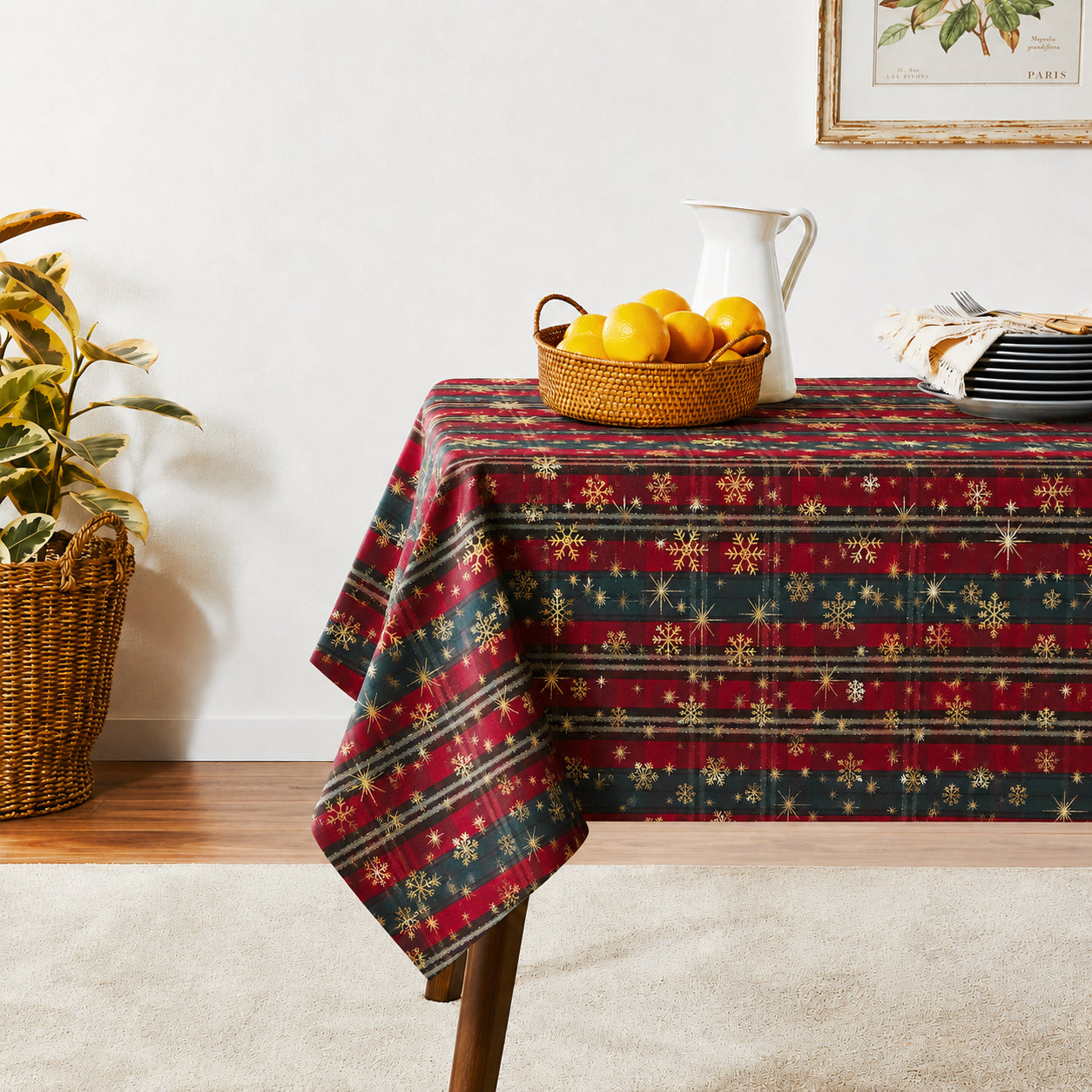 Seasonal Xmas Christmas Holiday Snowflakes Flairy Pinstripes Plaid Pattern Tablecloths