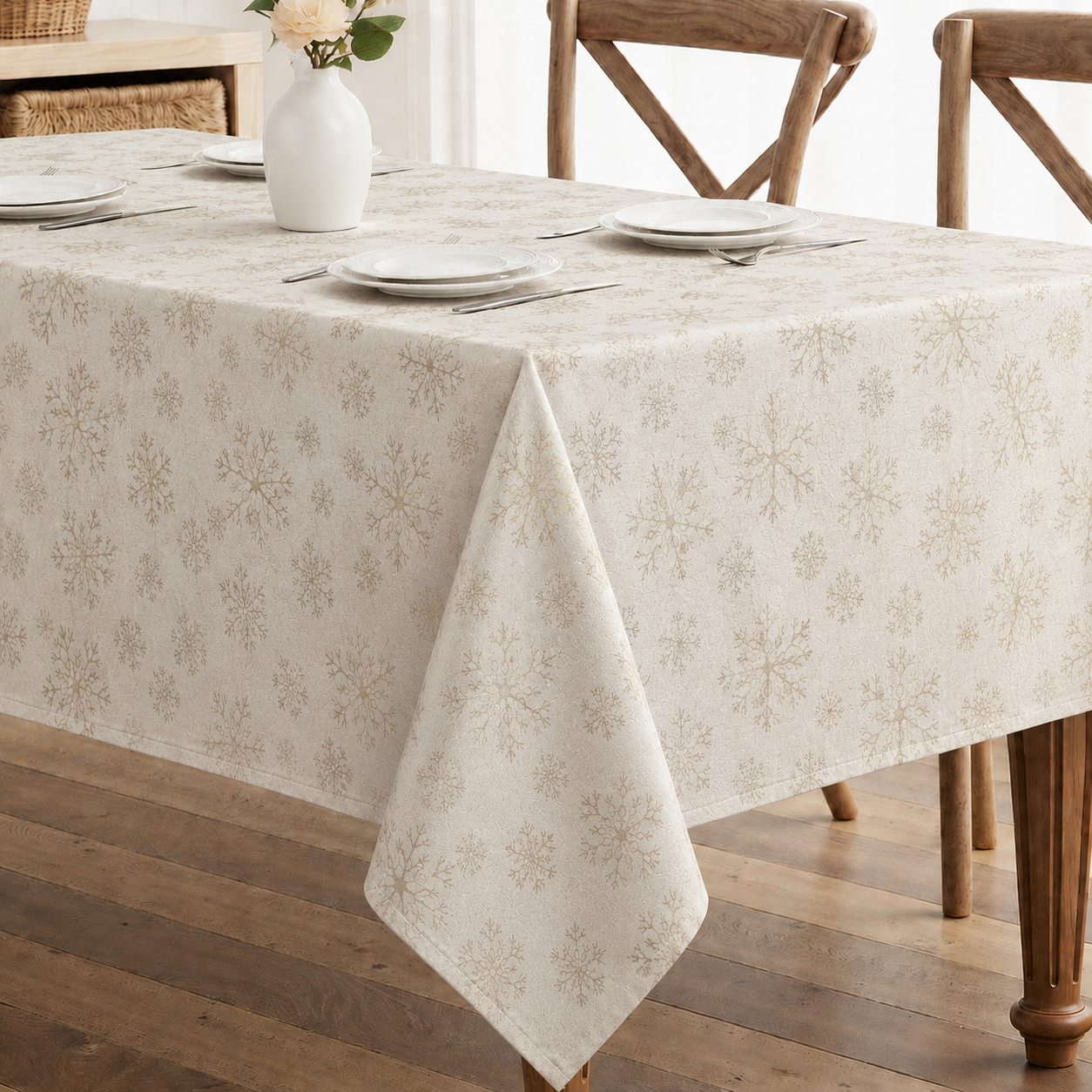 Violet Linen Seasonal Xmas Christmas Holiday Cream Mystique Snowflakes Pattern Tablecloths