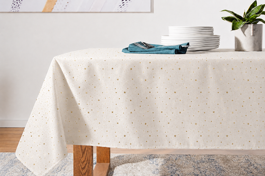 Violet Linen Silky Celestial Gold Stars Pattern Tablecloths