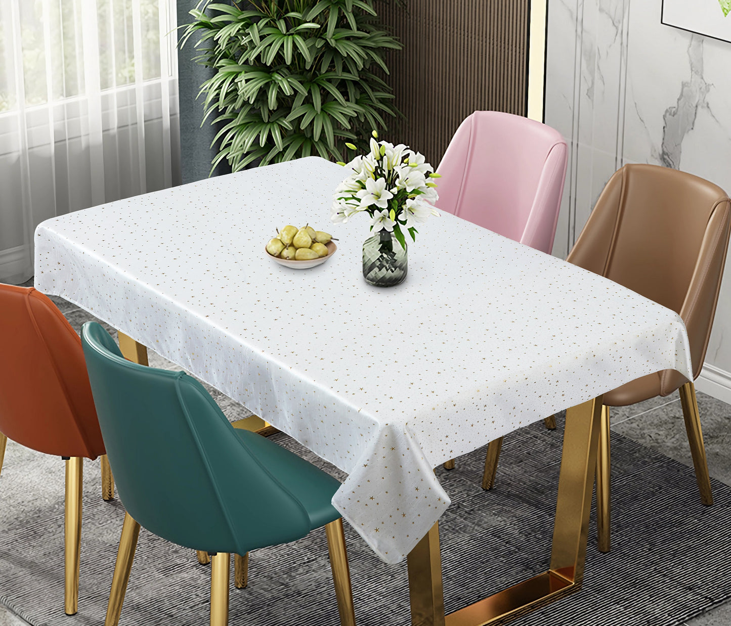 Violet Linen Silky Celestial Gold Stars Pattern Tablecloths