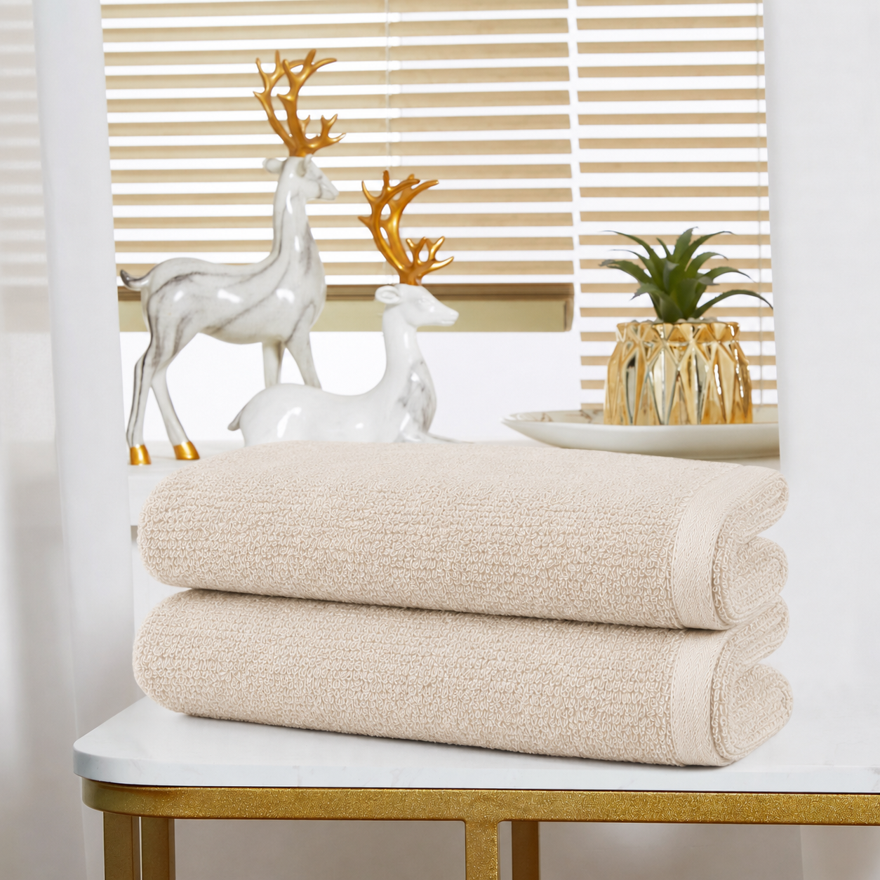 Violet Linen Exquisite Squisita Champagne Plush Terry Pattern Hand Towels Set of Two