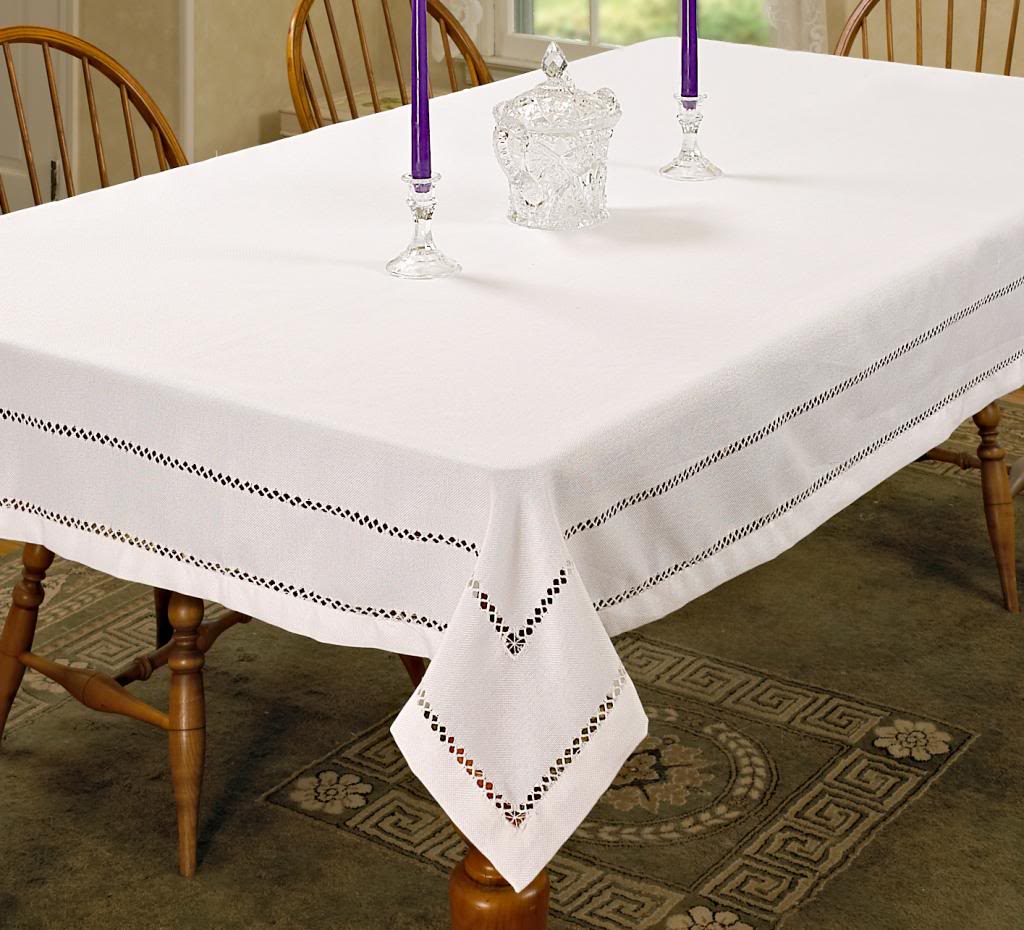 Hem Stitch Embroidered Vintage Design Tablecloth White 54" by 72" Oblong / Rectangle