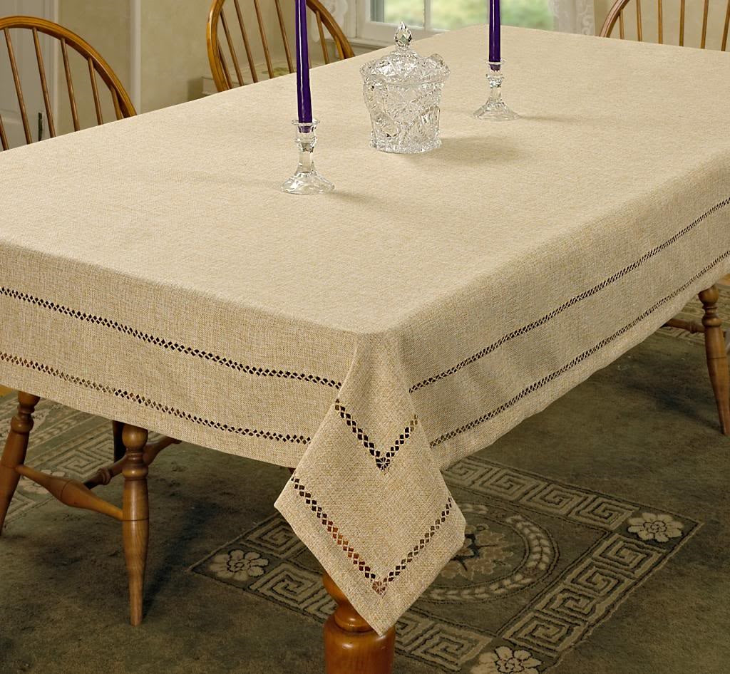 Hem Stitch Embroidered Vintage Design Tablecloth White 54" by 72" Oblong / Rectangle