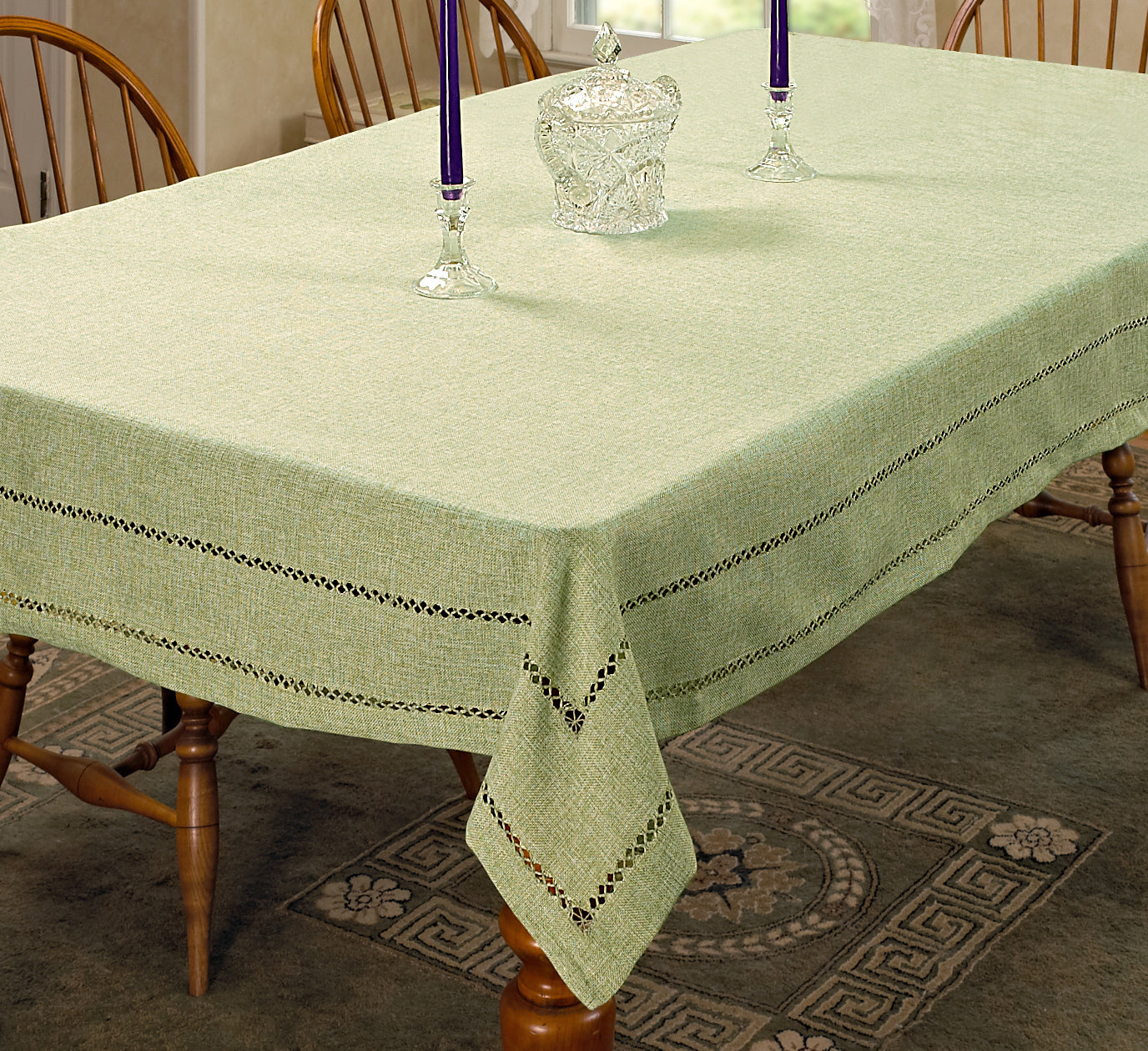 Hem Stitch Embroidered Vintage Design Tablecloth White 54" by 72" Oblong / Rectangle