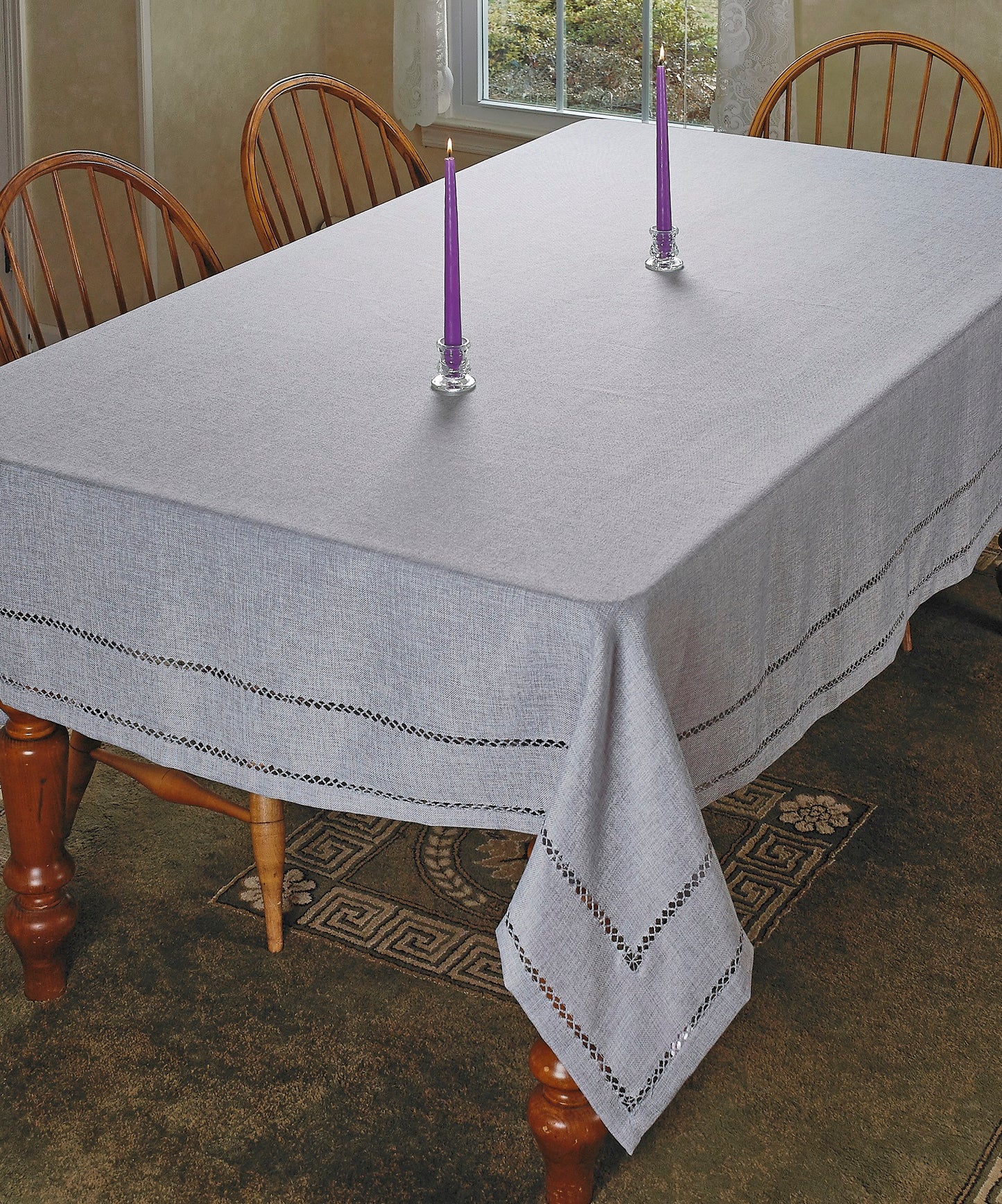 Hem Stitch Embroidered Vintage Design Tablecloth White 54" by 72" Oblong / Rectangle