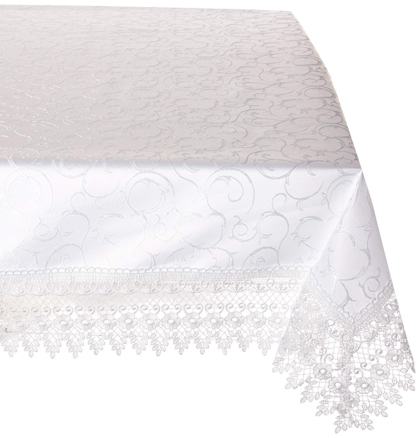 Violet Linen Flower Bow Vintage Lace Pattern, Polyester Damask Jacquard, White, 70 Inch by 198 Inch, Seats 18 to 20 people, Rectangular Tablecloths