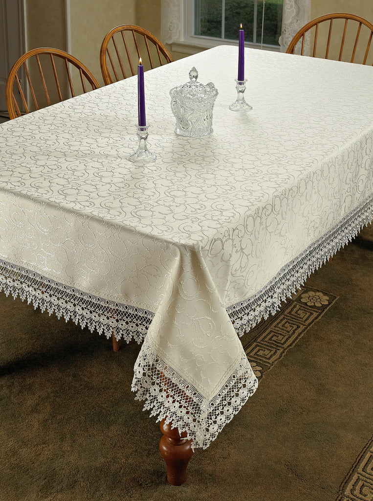 Violet Linen Flower Bow Vintage Lace Pattern, Polyester Damask Jacquard, White, 70 Inch by 198 Inch, Seats 18 to 20 people, Rectangular Tablecloths