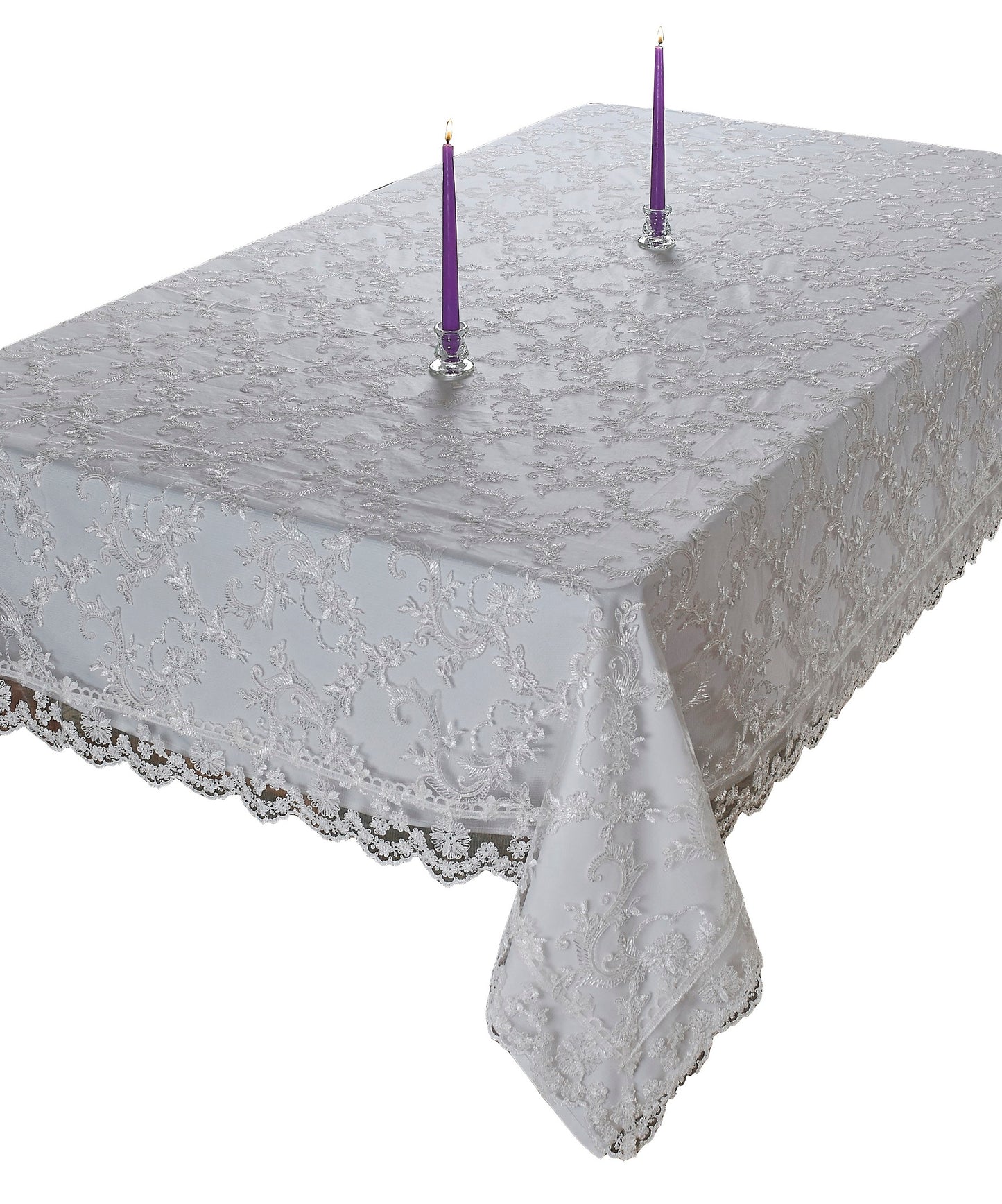 Violet Linen Royal Bridal Damask Lace Pattern, Polyester Embroidered Lace, Cream, 54 Inch by 72 Inch, Seats 4 to 6 people, Rectangular Tablecloths