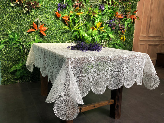 Violet Linen Concord Vintage Floral Lace Circles Pattern, Polyester Embroidered Lace, White, 70 Inch by 160 Inch, Seats 14 to 16 people Tablecloths