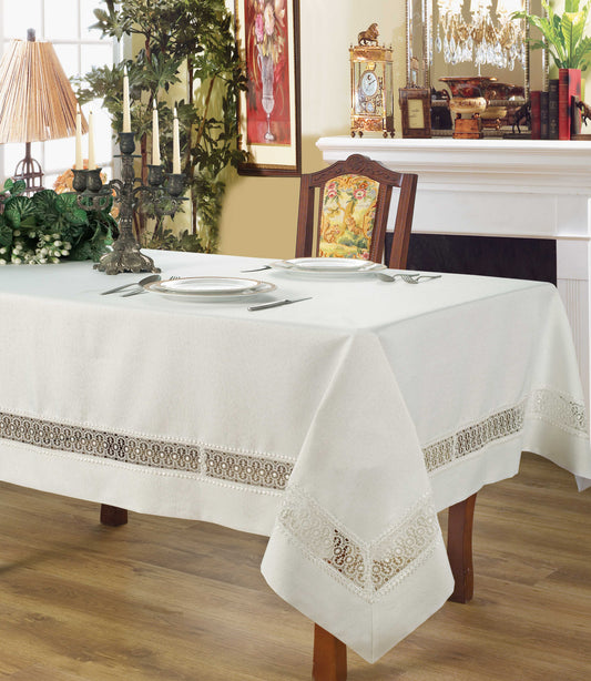 Violet Linen Splendour Exquisite Macrame Lace Border Pattern, Polyester Embroidered Lace, White, 52 Inch by 70 Inch, Seats 4 to 6 people, Tablecloths