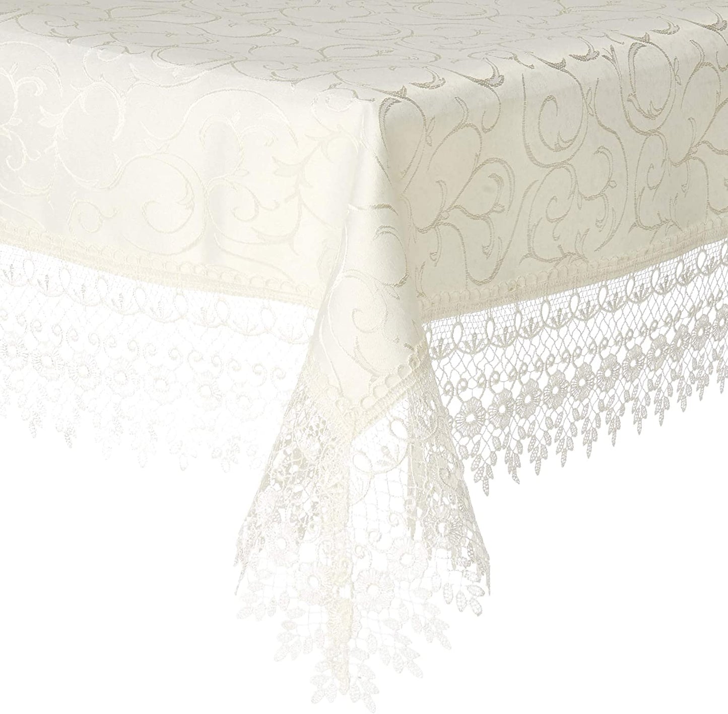 Violet Linen Flower Bow Vintage Lace Pattern, Polyester Damask Jacquard, White, 70 Inch by 198 Inch, Seats 18 to 20 people, Rectangular Tablecloths