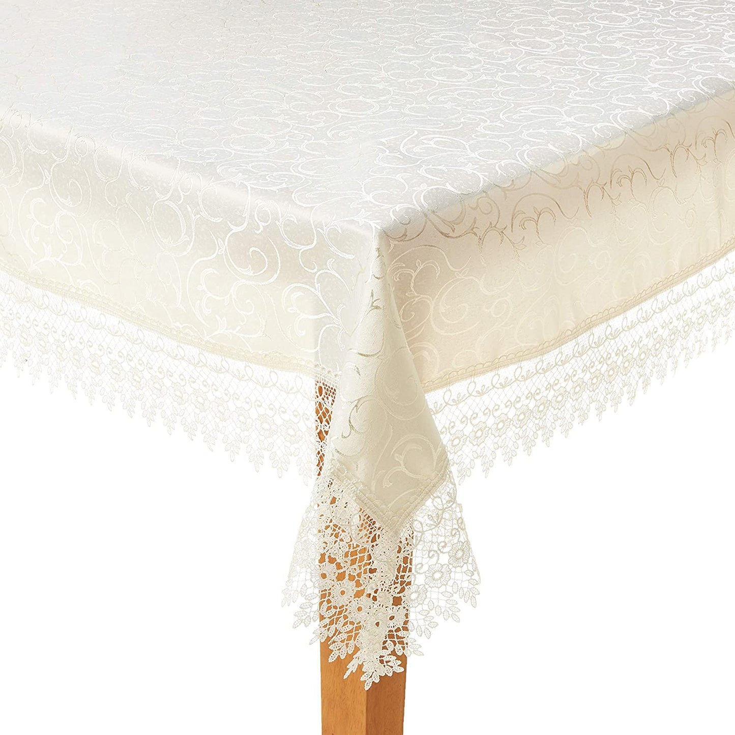 Violet Linen Flower Bow Vintage Lace Pattern, Polyester Damask Jacquard, White, 70 Inch by 198 Inch, Seats 18 to 20 people, Rectangular Tablecloths