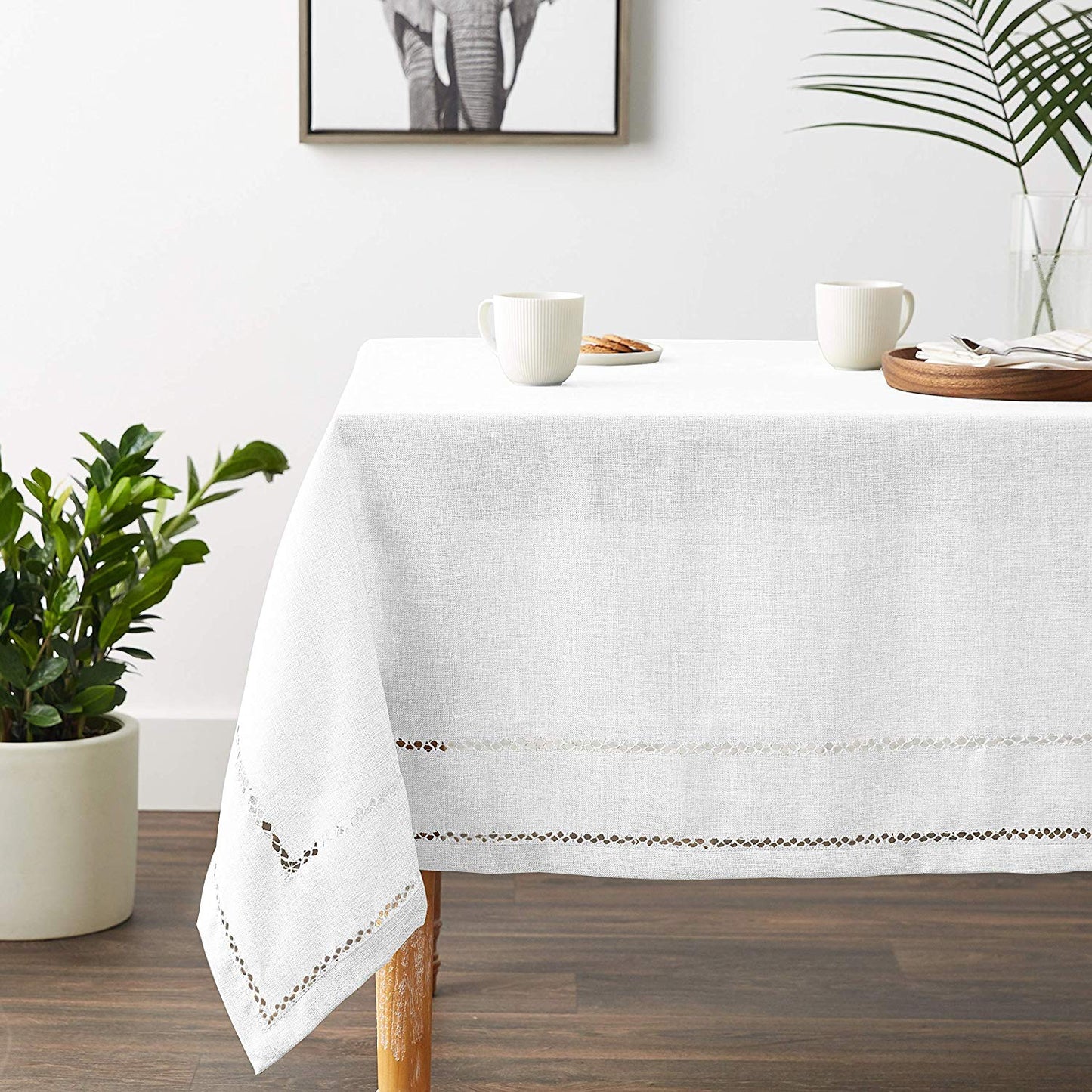 Hem Stitch Embroidered Vintage Design Tablecloth White 54" by 72" Oblong / Rectangle