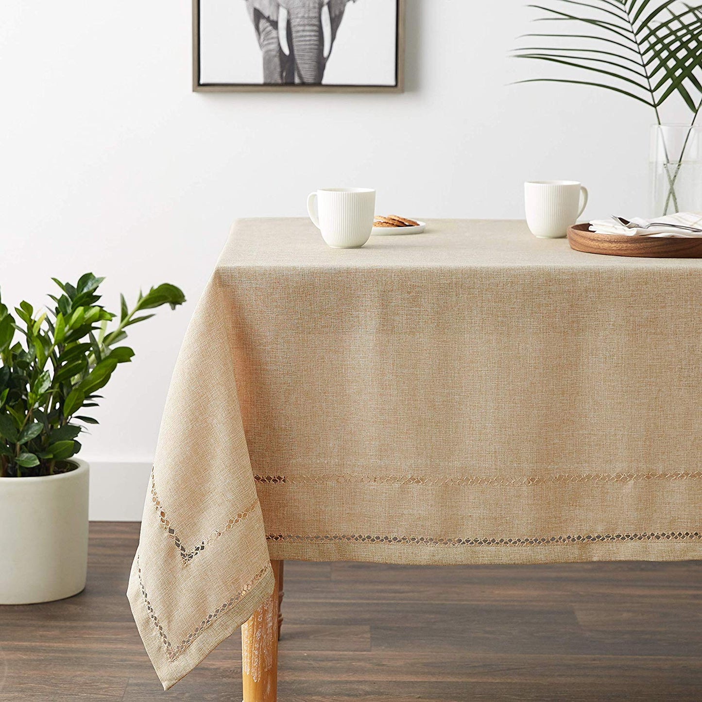Hem Stitch Embroidered Vintage Design Tablecloth White 54" by 72" Oblong / Rectangle