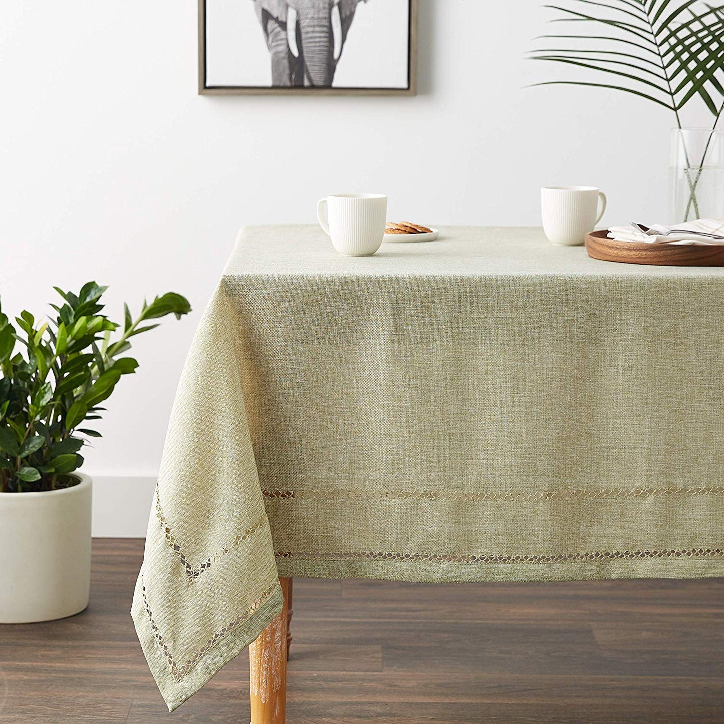 Hem Stitch Embroidered Vintage Design Tablecloth White 54" by 72" Oblong / Rectangle